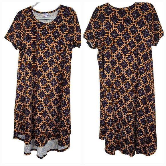 LuLaRoe Carly Jacquard Dress M 10/12 Black Tribal Tile Midi Pocket High Low NWT - Picture 3 of 10